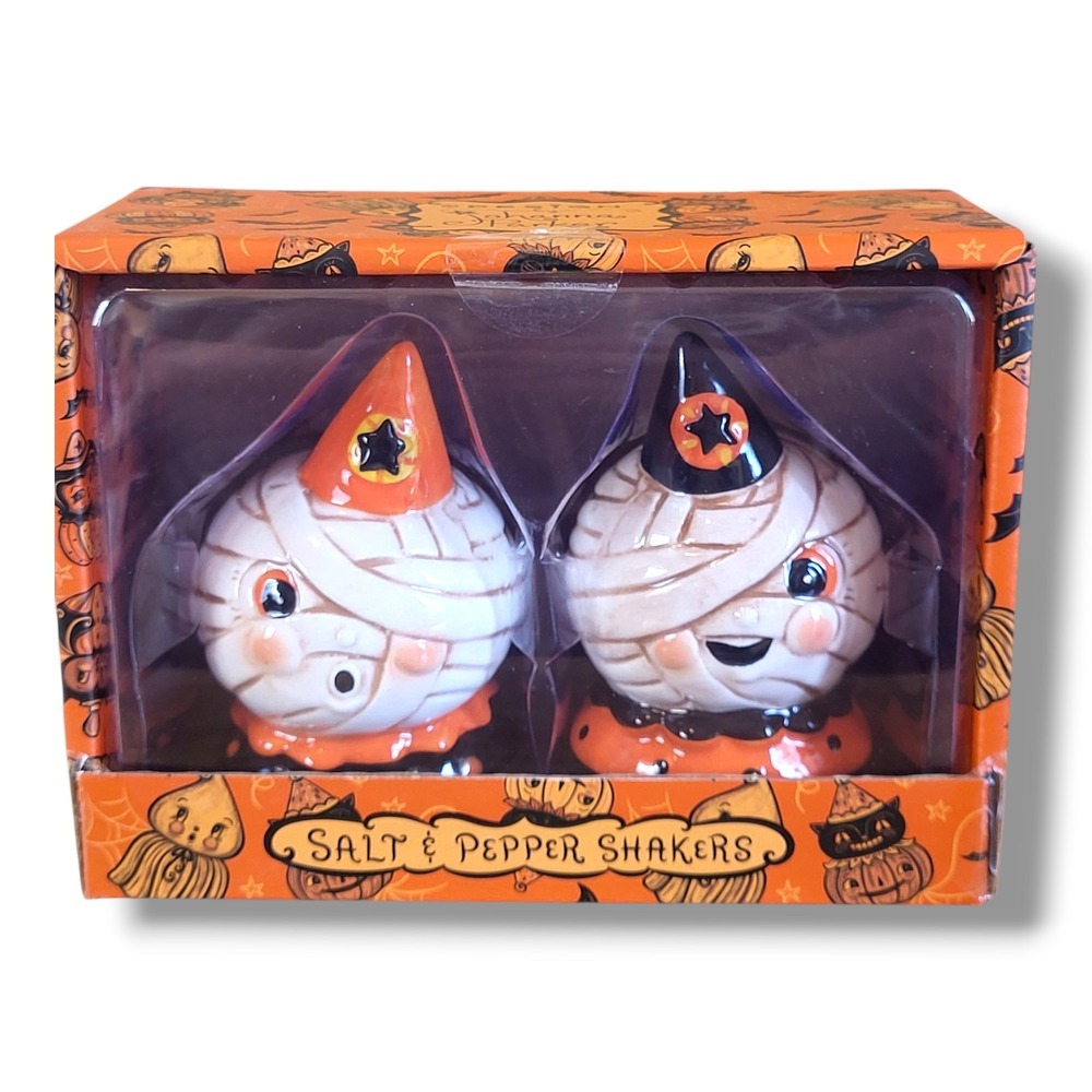 Johanna Parker Transpac Mummy Halloween Salt Pepper Shakers Pumpkins NEW